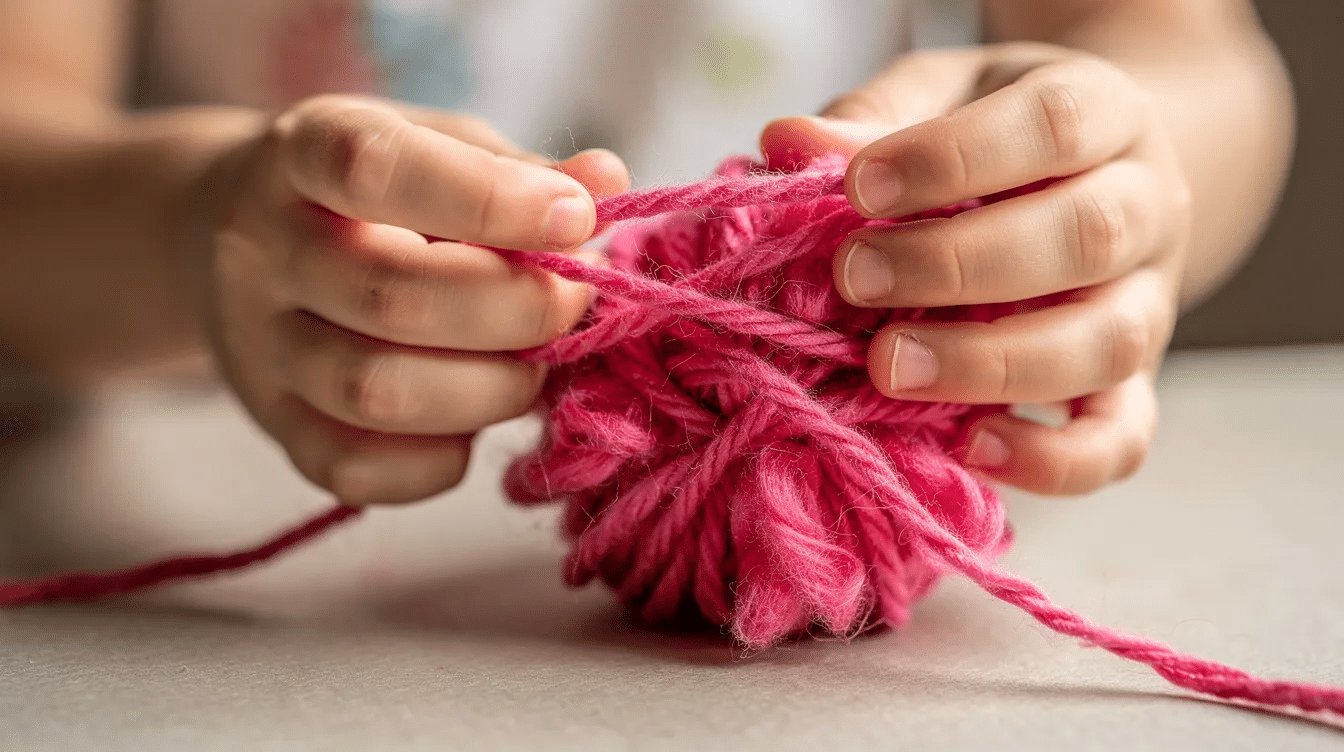 83259023-989d-4fce-8cab-ef58fac1351a A child's hands are skillfully wrapping bright pink yarn around their fingers to create a small pom pom, showcasing the fun and creativity involved in making colorful decorations for the holidays. The vibrant yarn adds a cheerful touch as they prepare to incorporate the pom pom into a festive wreath or display.
