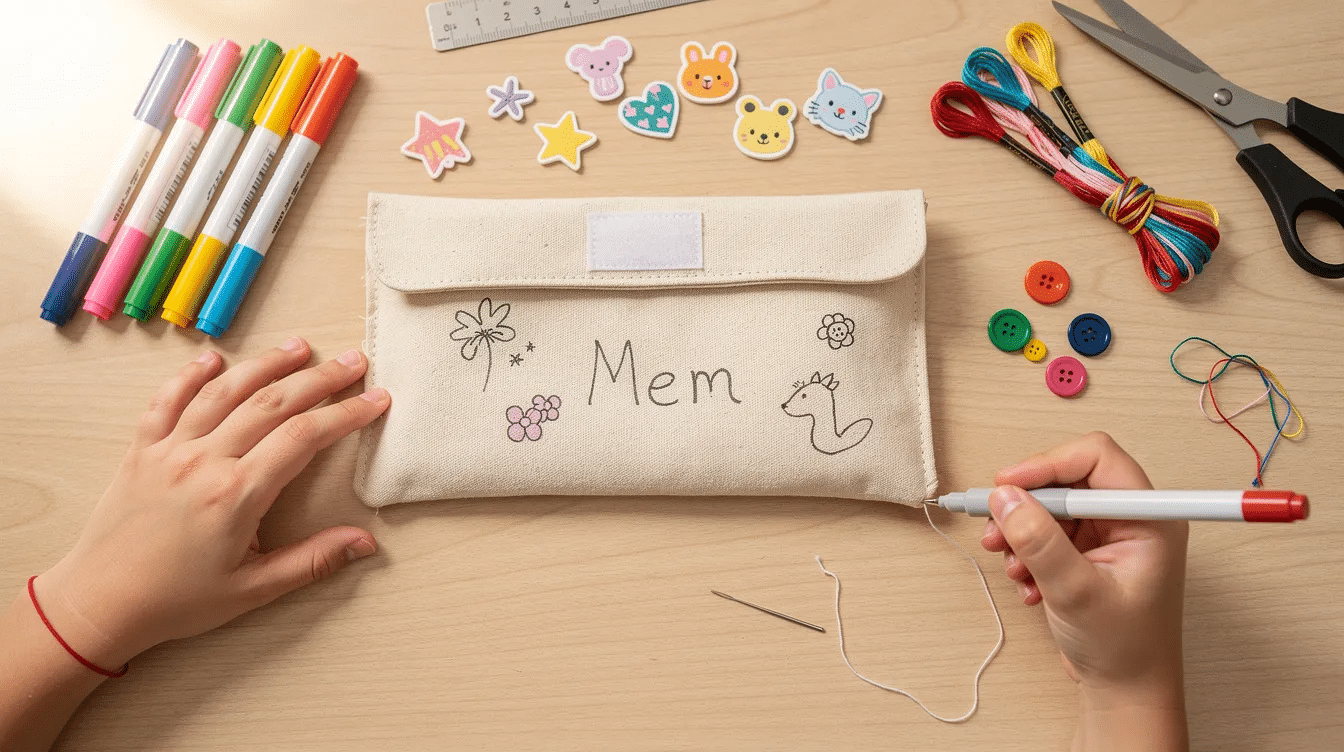 8326d317-5106-48d2-966b-c1a830c186ca The image shows a colorful DIY fabric pencil case made from plain fabric, decorated with fabric markers and iron-on patches, ideal for back to school crafts. This personalized pencil case features a Velcro closure and is designed for kids to express their creativity as they prepare for the new school year.