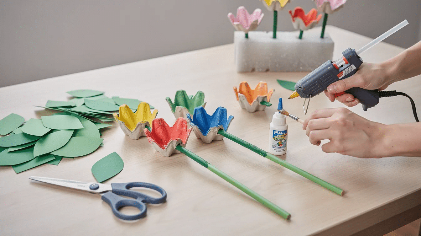 83dcc181-f46a-47b1-8512-183e7b1a9f26 The image depicts a colorful craft setup featuring painted green kebab sticks inserted into egg-carton flower cups, representing sturdy flower stems for spring flowers. Simple cut-out leaf shapes from green card are glued onto the stems, showcasing a creative and enjoyable spring craft activity for kids.