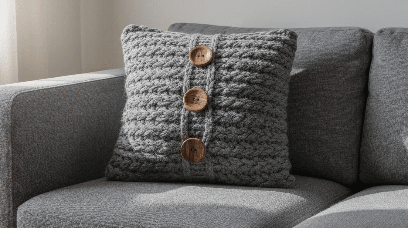 840975d1-bdce-4a54-b5f6-e2c0bba00b6c A finished cushion with a chunky knit texture and wooden buttons is elegantly displayed on a grey sofa, showcasing a perfect addition to your home decor. This simple yet stylish piece highlights the joy of nap time crafts, making it a fun and easy project for any crafting enthusiast.