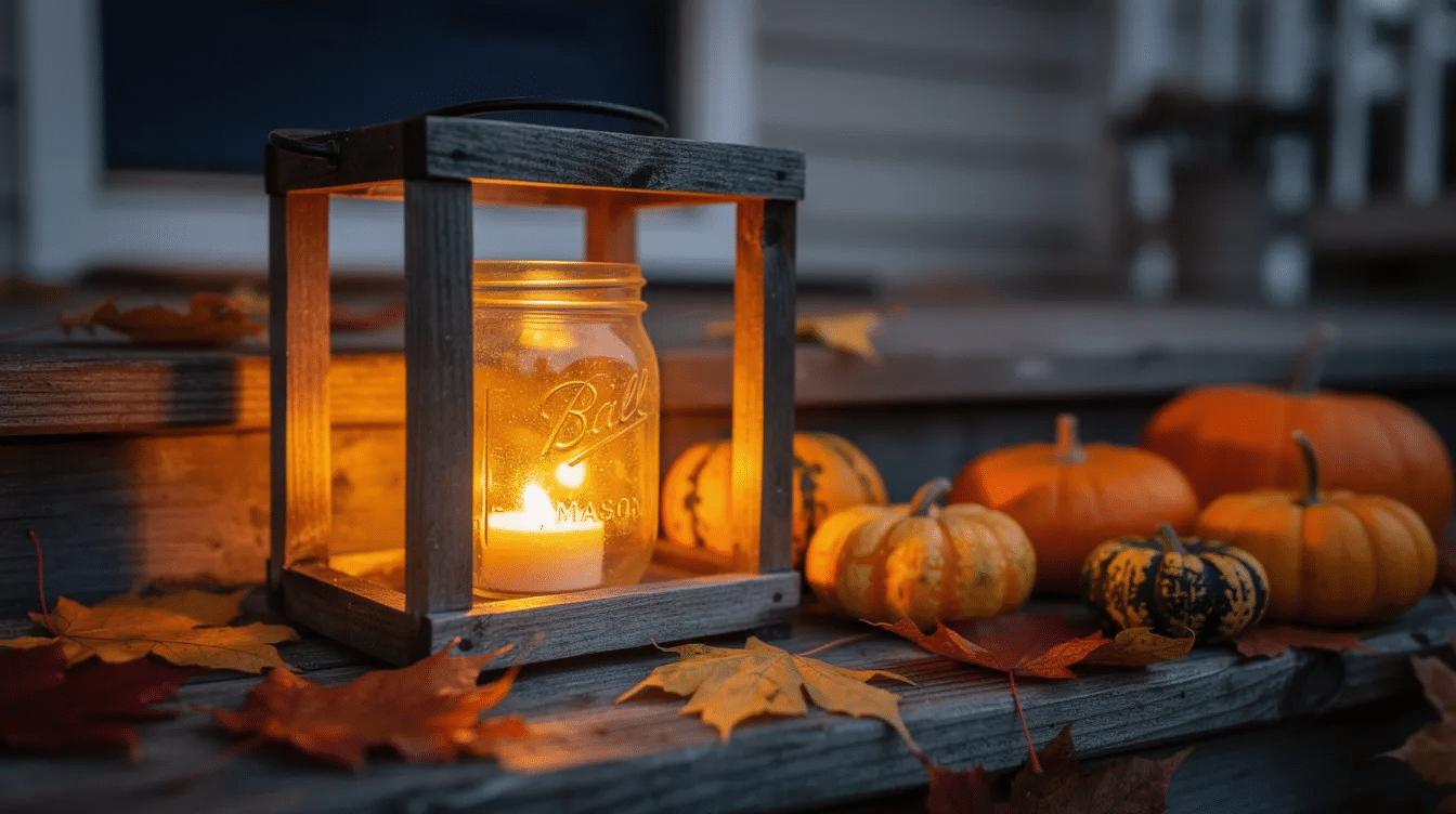 841fb888-cfa8-44d7-86bb-3bf6f76f83a7 A rustic wooden lantern frame, crafted from scrap wood, holds a glowing mason jar candle and rests on a porch step, surrounded by vibrant autumn leaves and small pumpkins, creating a charming fall decor display. This cozy scene is perfect for inspiring DIY wood projects for fall.