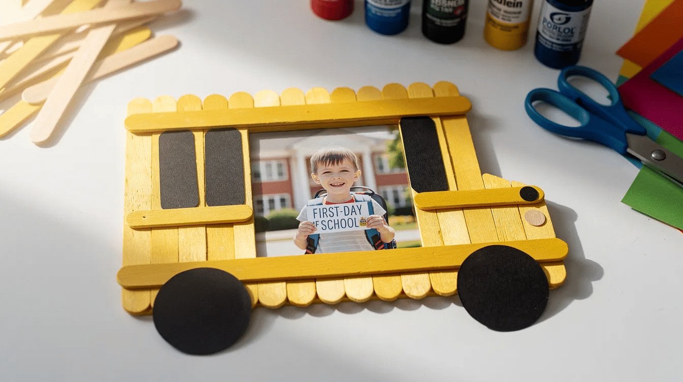 84809aa5-324f-4acc-8e51-d33d1e088da8 A bright yellow school bus photo frame crafted from glued craft sticks features black paper wheels and windows, with a center opening to display a cherished photo of a child on their first day of school. This creative back to school craft captures the excitement of the school season, making it a perfect keepsake for parents and kids alike.