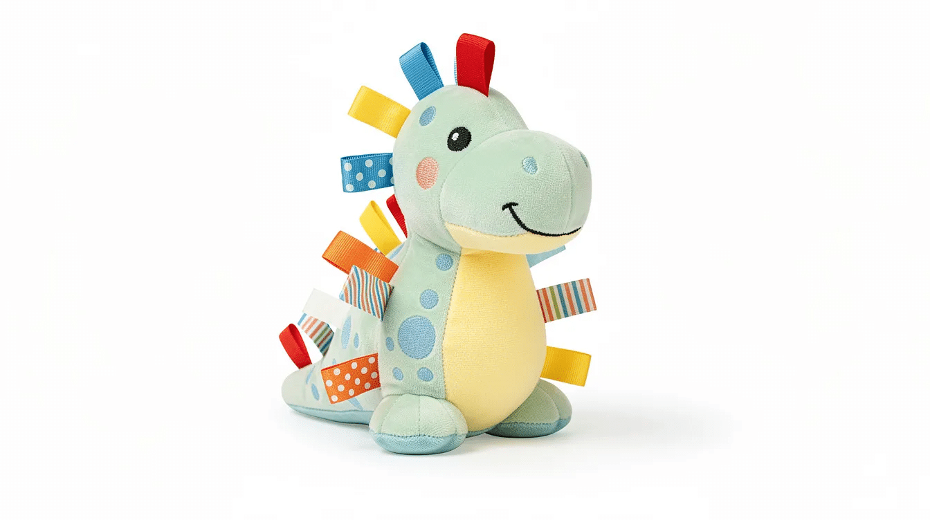 84dabab5-2a98-4edd-8179-4ab92d314337 The image features a cute dinky dinosaur tag toy, designed for kids and made from soft fabric. It is small and lightweight, perfect for play, but contains small parts that may pose a choking hazard for young children.