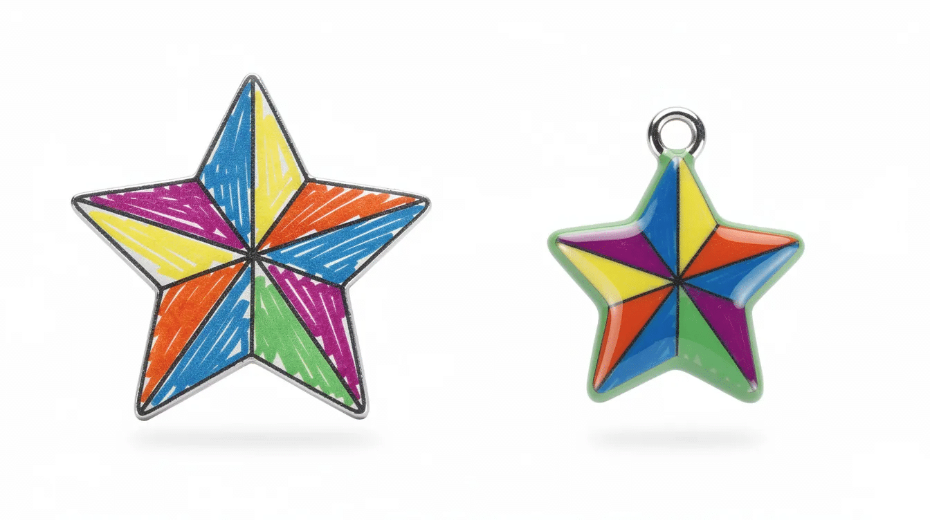 85330f65-ec1e-4b06-9c4e-79975102e996 The image displays a vibrant, hand-drawn star shape in its original large size next to a small, thick, glossy charm created from shrink plastic. This transformation highlights the fun of using shrink plastic sheets to craft unique jewelry pieces like charms or keychains.