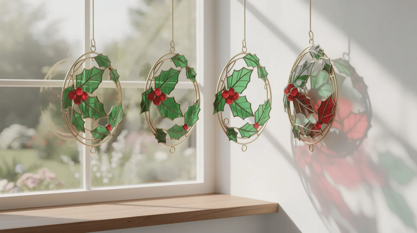 8586310c-b09e-4f97-82da-a2753b6db240 The image features vibrant holly and ivy 3D suncatchers designed for hanging in a window, where they catch and reflect light beautifully. These decorative items, perfect for adding a festive touch to a Christmas tree or any space, showcase intricate floral designs and colorful butterflies, creating a cheerful atmosphere.