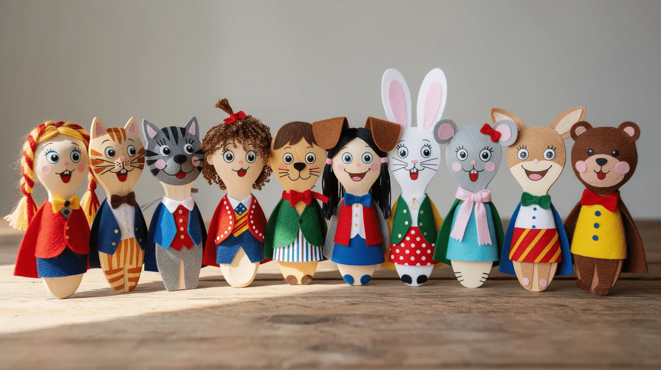 85b0a12a-ab08-4c39-b523-986d69bada26 A vibrant collection of wooden spoon puppets is displayed in a row on a wooden table, showcasing various animal and people characters with painted faces, yarn hair, and colorful felt accessories. Each puppet features unique character details, making them perfect for a fun puppet show or creative project for kids.