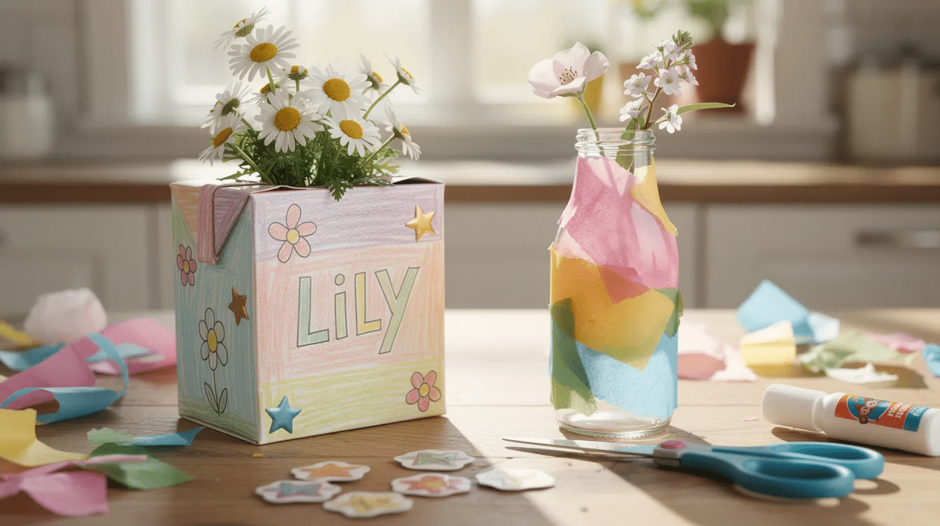 85f96963-4905-4da6-9065-57920eb6454f The image features a creatively decorated juice box pot and a glass bottle vase, both adorned with colorful tissue paper and stickers, showcasing vibrant spring flowers. These recycled crafts demonstrate a fun and easy way to reuse everyday items, perfect for kids and adults alike.