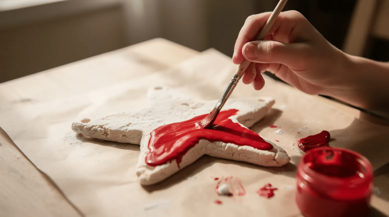 86e9c839-d887-4768-88a7-f80ae7c765c3 A young child is joyfully painting a dried salt dough star shape with bright red acrylic paint using a small brush, showcasing creativity in crafting salt dough ornaments. The star, part of a fun arts and crafts activity, is set on a table, ready to be a festive decoration.