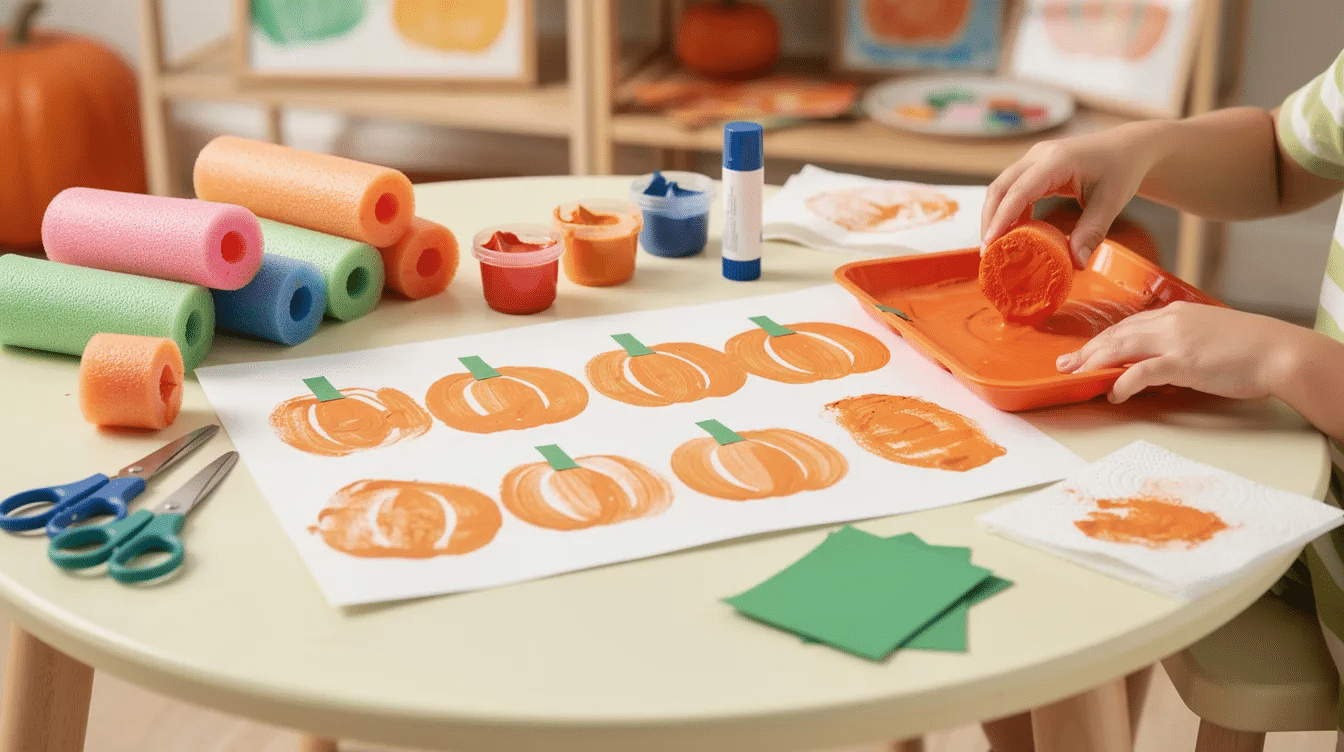 87219340-2f05-45c5-9e62-0745ae67edf6 The image depicts a vibrant pumpkin craft activity where children are using circular stamps made from cut pool noodles dipped in orange paint to create pumpkin shapes on cardstock or construction paper. The finished pumpkins are topped with green paper stems, showcasing a fun fall craft that enhances fine motor skills and creativity for preschoolers.