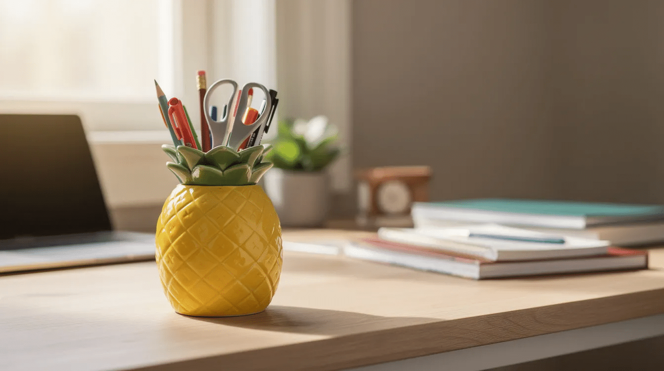 874ccfb7-dd05-427b-bb1d-489c1fbd7d73 The image depicts a colorful pineapple pen pot filled with various colored pencils, set against a bright and cheerful background that evokes a fun and creative atmosphere. This vibrant scene represents a playful space for kids and designers alike to create and build digital products using tools like Penpot, fostering scalable collaboration in design systems.