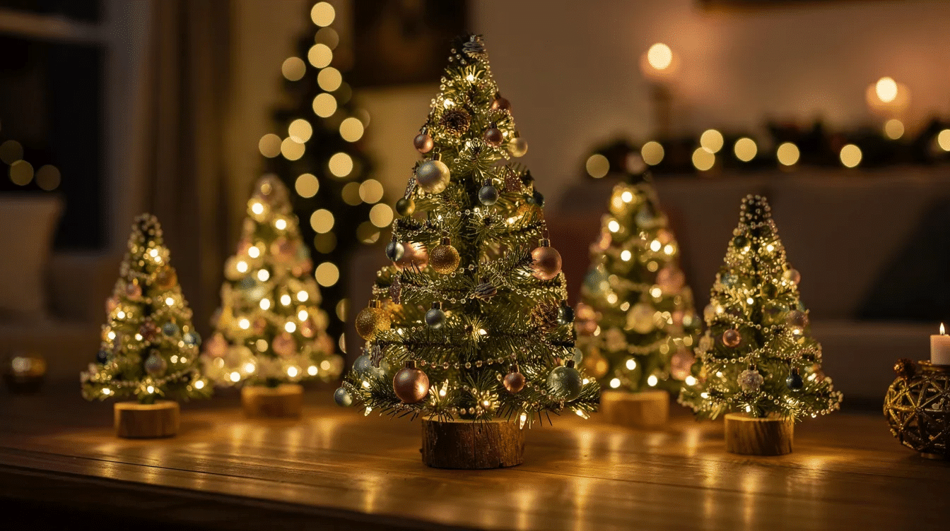 88346b39-87ee-445c-9478-3f46cd595bf4 The image features a set of mini light-up Christmas trees, each adorned with colorful LED lights and topped with a star, perfect for decorating homes during the festive season. These quality items are displayed in a box, inviting customers to explore and choose their favorite to create a warm holiday atmosphere.