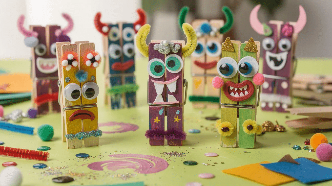 88349f85-7f92-466d-b4e2-c87fb3f9dd19 The image features a bright table filled with colorful handmade peg monsters made from wooden clothespins, each uniquely decorated with paint, googly eyes, and various craft materials. This fun and creative activity is perfect for kids and families looking to explore their artistic side together.