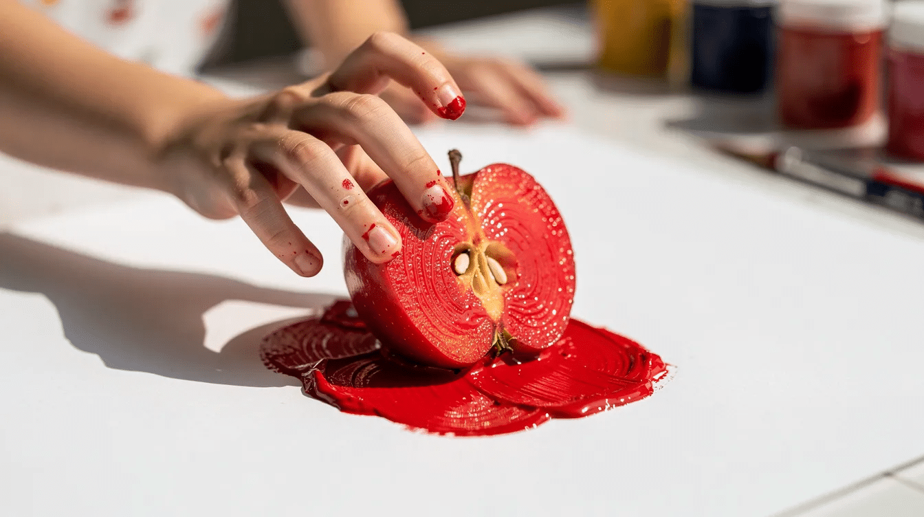 88d550ee-4d9c-44b7-b9ed-b4fcea311ee0 A close-up image shows a child joyfully stamping a half apple dipped in red paint onto a sheet of white paper, creating a fun art project perfect for fall activities. This creative process not only enhances fine motor skills but also allows children to explore vibrant colors associated with the autumn season.