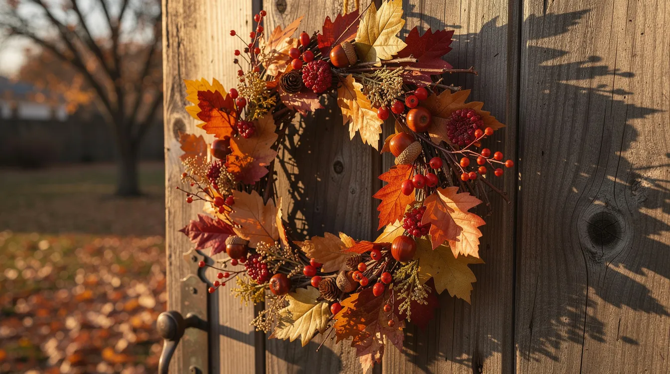 890c7b65-9018-4c35-a009-6fe0bbbafd15 The image depicts a beautifully crafted autumn wreath made from an assortment of colorful leaves, twigs, and berries, showcasing the vibrant hues of fall. This nature craft serves as a creative project that embodies the essence of the season, perfect for decorating your home with natural materials.