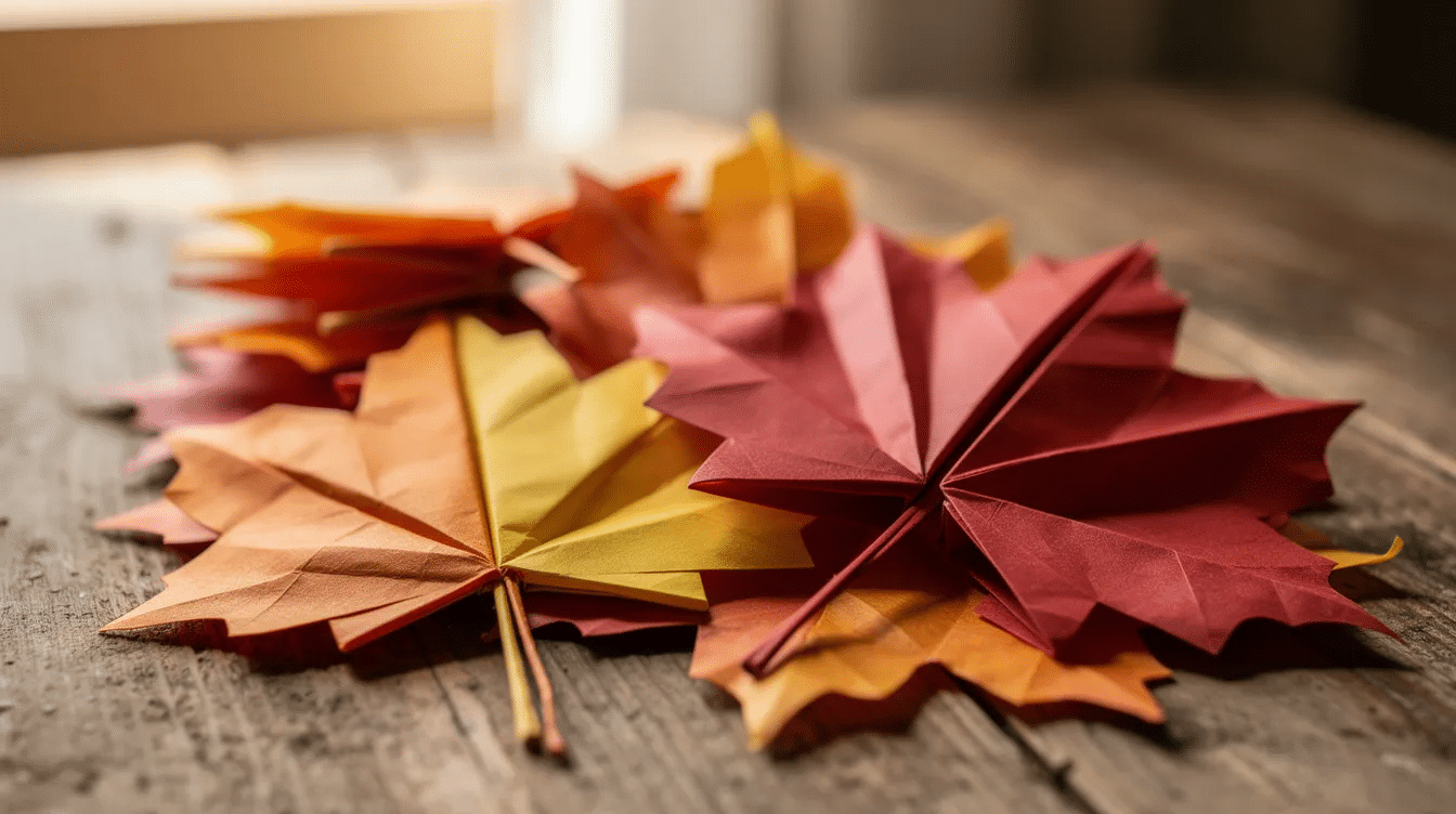 89237ffd-1bd0-4938-9add-7d9c8be87dc2 A vibrant arrangement of colorful origami maple leaves in red, orange, and yellow tones is displayed on a wooden table, capturing the essence of fall. These delightful paper creations evoke the beauty of autumn foliage and serve as an inspiration for easy fall paper crafts.