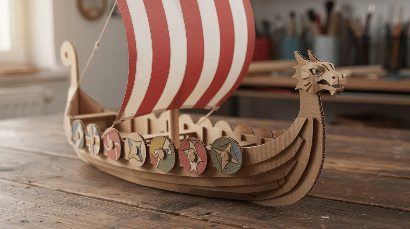 89c14e98-8780-4707-9a5c-9e5d228478fc A completed cardboard Viking longship sits on a wooden table, showcasing its brown hull and red-striped paper sail. The ship features small round shields along its sides and a striking cardboard dragon head at the prow, embodying the spirit of Viking craftsmanship and fun DIY projects.