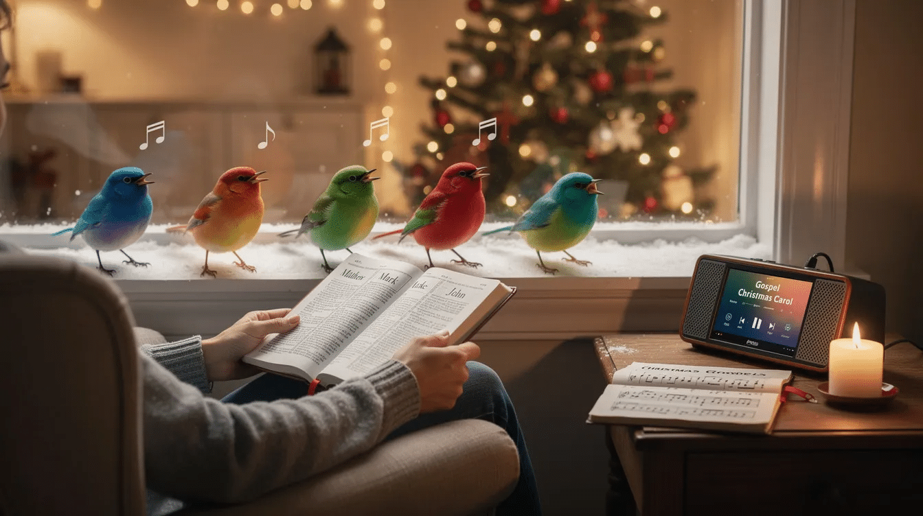 8b30673f-a268-4337-b65b-1e7f13c3d458 The image depicts four calling birds, symbolizing the four Gospels, set against a festive backdrop that captures the spirit of the holiday season. This scene invites viewers to engage with Christmas traditions, such as reading passages aloud or enjoying Christmas carols that celebrate the teachings of Jesus Christ.