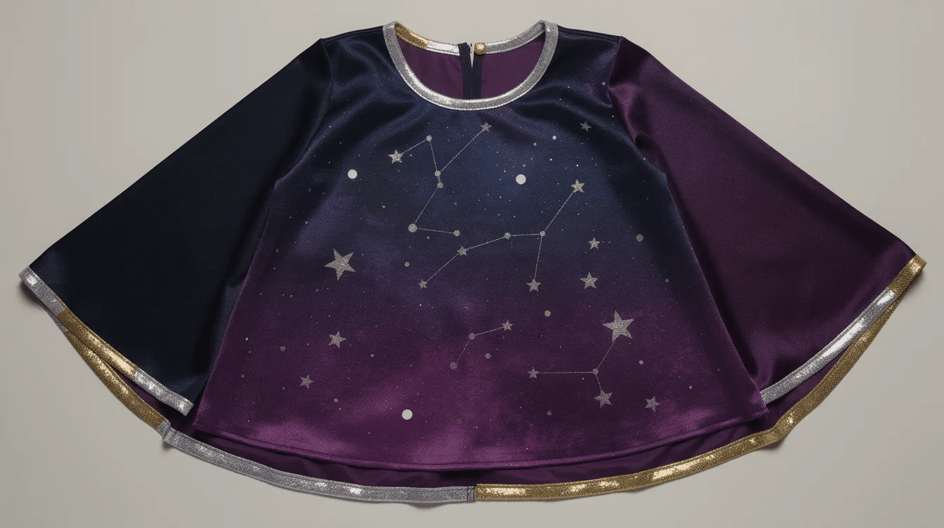 8b92e24f-308c-4c8d-8f4e-5ca522346af4 The image features a dark navy and purple superhero cape adorned with star sequins and glow-in-the-dark paint dots, perfect for little ones to wear during imaginative play. Metallic trims line the hem, adding a touch of sparkle to this cute and fun accessory for kids.
