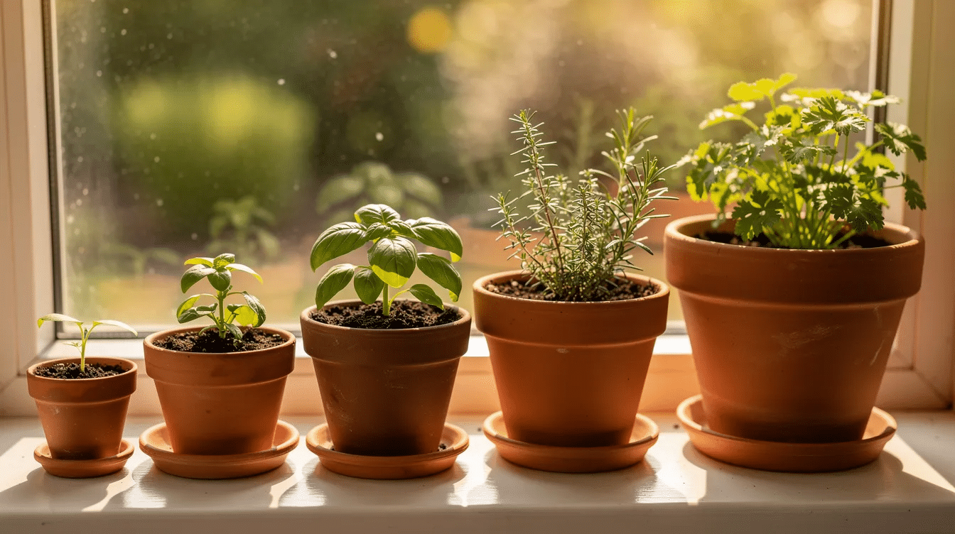 8b9d3e84-3f78-4fe1-b70b-6a59923231ea A sunny windowsill displays a row of various-sized terracotta pots, each containing small herb seedlings, showcasing the natural clay texture and handmade quality of the planters. The warm sunlight highlights the smooth edges and earthy colors of the clay pots, creating a vibrant and inviting garden atmosphere indoors.