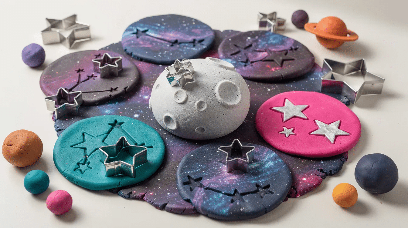 8bf8e890-41b3-44a0-9a82-c7fbfc91b685 The image features colorful space dough shaped into stars and moon using star-shaped cookie cutters, inviting kids to explore their creativity through space crafts. The dough represents elements of the night sky, with patterns reminiscent of constellations like the Big Dipper and the Orion Nebula, encouraging imaginative play about the universe.