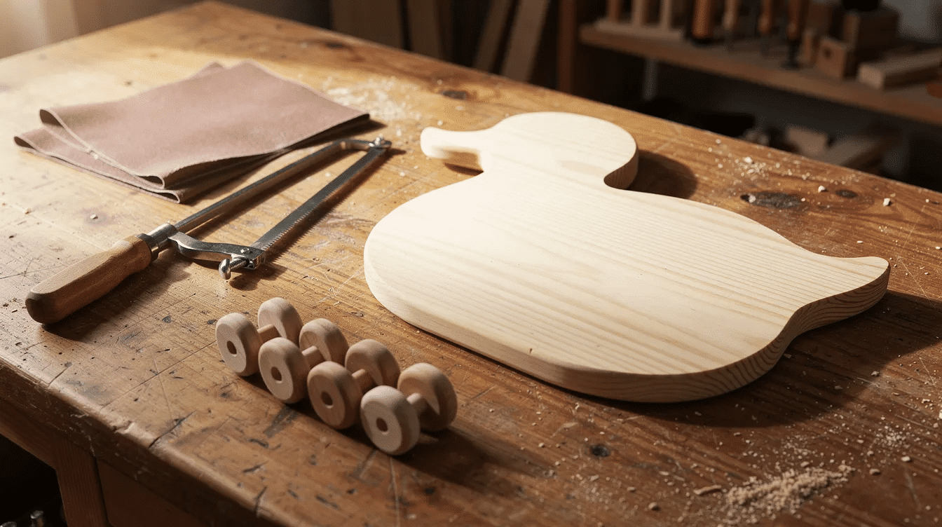8c3e996d-fb34-4884-910d-1877c6f4208a The image shows a crafting workbench featuring a pine board shaped like a duck, along with a coping saw, wooden wheels, and sandpaper neatly arranged. This setup is ideal for creating a pull along duck toy, which can help children develop gross motor skills as they play.