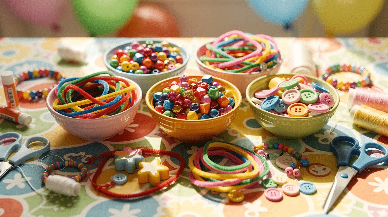 8dfac6e1-e4d7-4523-890d-8ca21b28db37 The image depicts a vibrant birthday party craft table adorned with a bright tablecloth, featuring small bowls filled with colorful beads, pipe cleaners, and buttons, inviting kids to create fun jewelry projects like pipe cleaner necklaces. A hot glue gun is also present, ready for crafting and adding a personal touch to their creations.