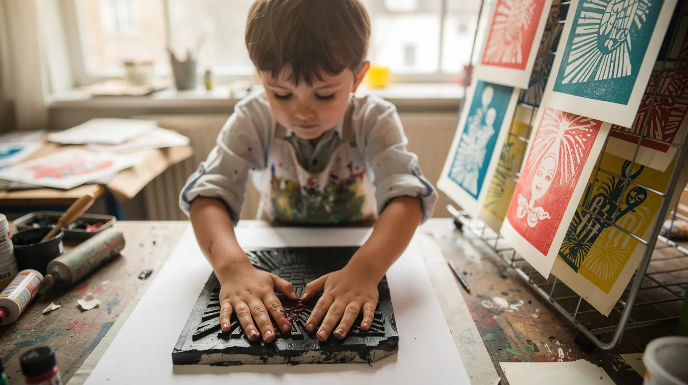 8e18ac25-b9a4-4a9e-aaad-af87416fe056 A young child is pressing down on a sheet of paper laid over a colorful inked lino block, using a wooden spoon to apply pressure for the print. Nearby, vibrant prints are drying on a rack, showcasing the playful results of this fun block printing activity.
