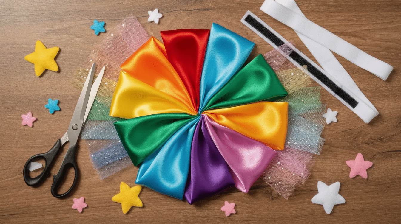 8e1916aa-2a42-491b-bda1-854d7a231088 The image features a flat lay arrangement of colorful satin fabric and glitter tulle alongside scissors, Velcro strips, and felt stars on a wooden table, perfect for creating a cute superhero cape for little ones. This setup invites imagination and play, making it an ideal project for kids to enjoy.