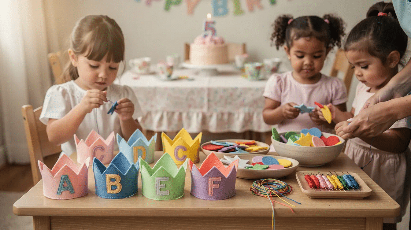 8ea757d1-de29-4bab-8e9b-7738459a6d3d The image features a vibrant display of six simple birthday crowns, each in a different color and adorned with the initials of young guests, perfect for a 5th birthday tea party. In the background, a decorate-your-own crown station is set up with pre-cut felt shapes and sewing tools, inviting children to create their own unique keepsakes.