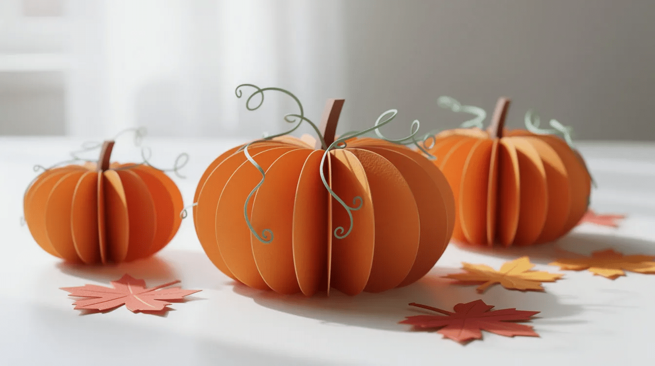 90486589-d3dd-4742-bed2-105b4e151b8c The image features colorful 3D paper pumpkin decorations made from orange and brown construction paper, showcasing various pumpkin shapes adorned with googly eyes and green paper stems. This fun and creative fall craft is perfect for kids to enhance their fine motor skills while celebrating the changing seasons.