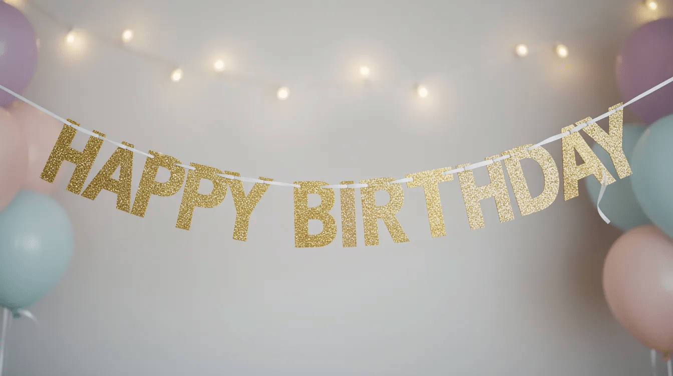 The image features a vibrant glitter birthday banner that spells out