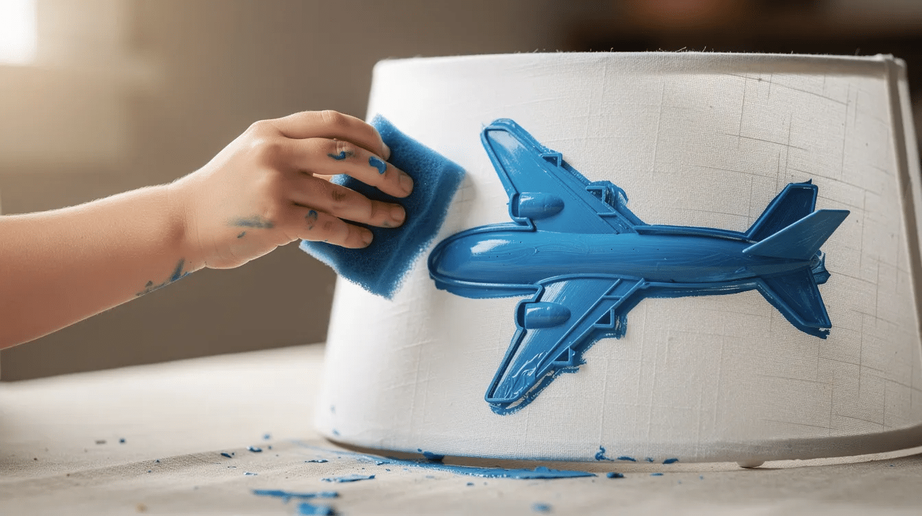 91ab62a1-49ce-4259-90f0-d32178a81c76 A child's hands are playfully dabbing bright blue paint through an airplane stencil onto a round white IKEA lampshade, creating a fun and creative DIY decor project. This artistic endeavor showcases how to upcycle an old lamp shade into a stylish piece for a child's room.