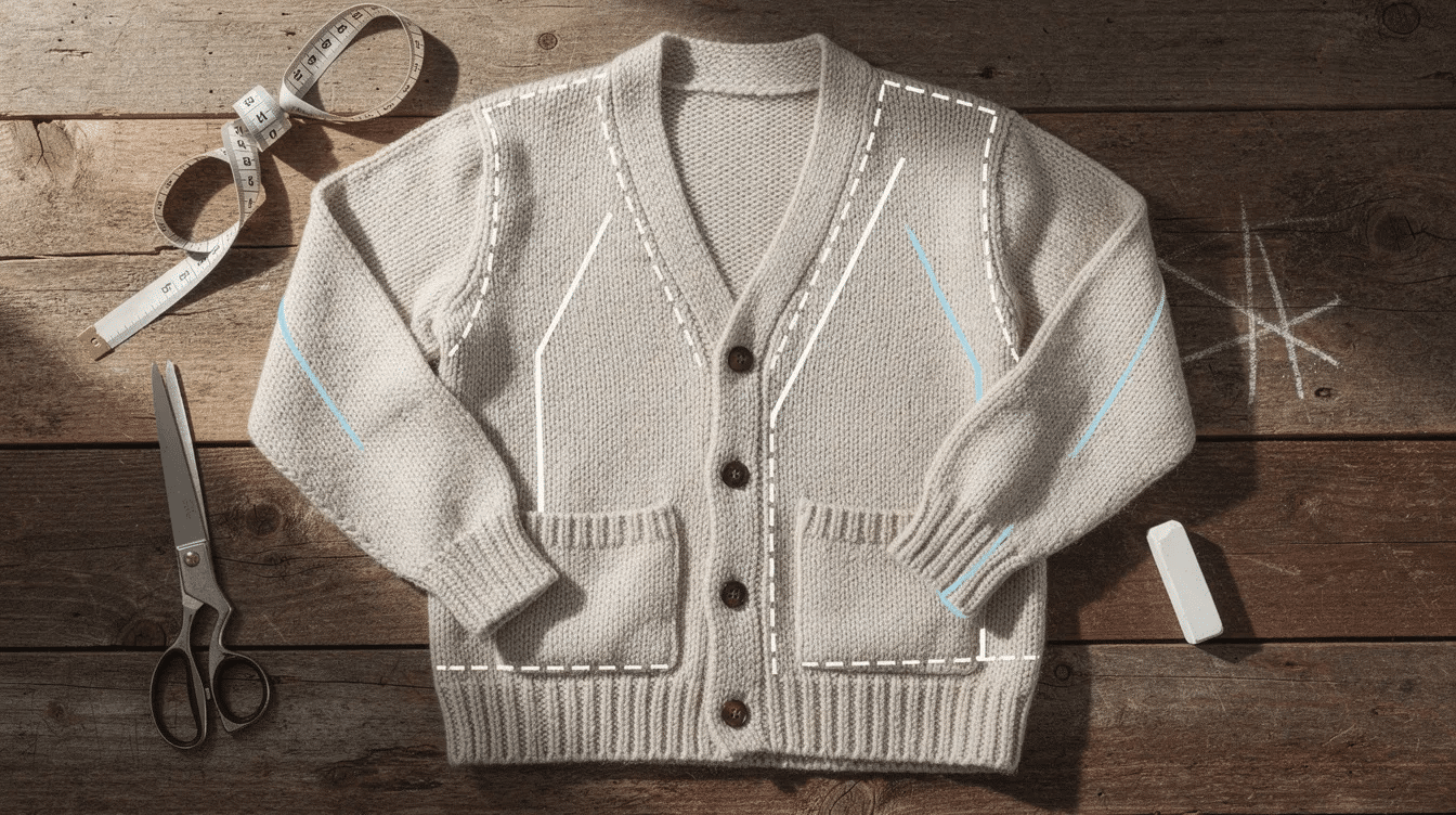 91f07b49-1982-47e5-a03f-439f64e9258b A flat-laid cardigan rests on a wooden table, surrounded by fabric scissors, a tape measure, and chalk marks indicating cut lines, showcasing a simple and enjoyable nap time crafts activity. This image captures the essence of creating and making at home, perfect for those who love to sew and craft.
