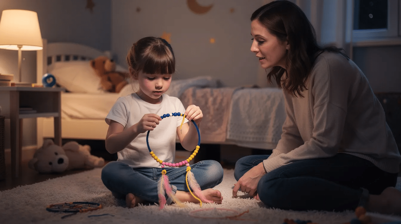 92c0d90b-12cb-468c-863f-aeeefae29291 The image depicts a colorful pipe cleaner dream catcher adorned with various beads, representing different types of dreams, such as bravery and happiness. The dream catcher features a circular design with twisted pipe cleaners and feathers, showcasing a creative and engaging craft activity for children that promotes emotional expression and fine motor skills.