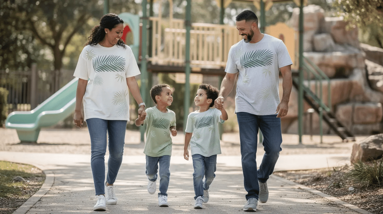 93637532-794d-4c31-8c77-9c143f77c7cd The image features a collection of soft, loose-fitting cotton T-shirts adorned with a vibrant palm leaf graphic across the chest, perfect for casual family outings. These comfortable tees, suitable for kids and adults alike, are designed to enhance any wardrobe with their relaxed style and playful palm leaf motifs.