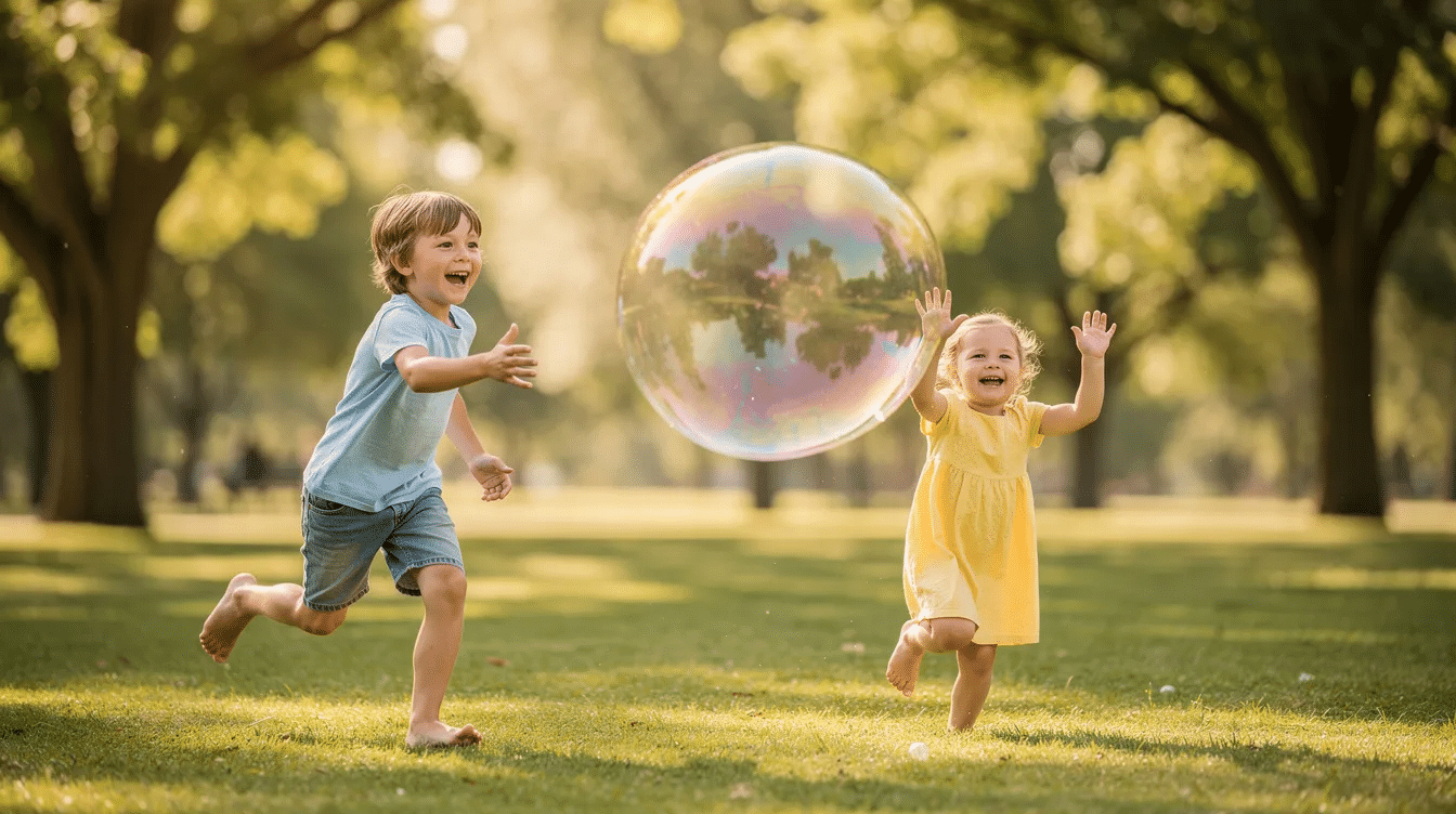 94267821-93b3-48e9-917c-7e4fe9b27e7b Two younger children are joyfully chasing a huge iridescent soap bubble on a grassy lawn, with trees providing a lush backdrop. They are likely using DIY giant bubble wands, creating great bubbles that float and shimmer in the summer sun.