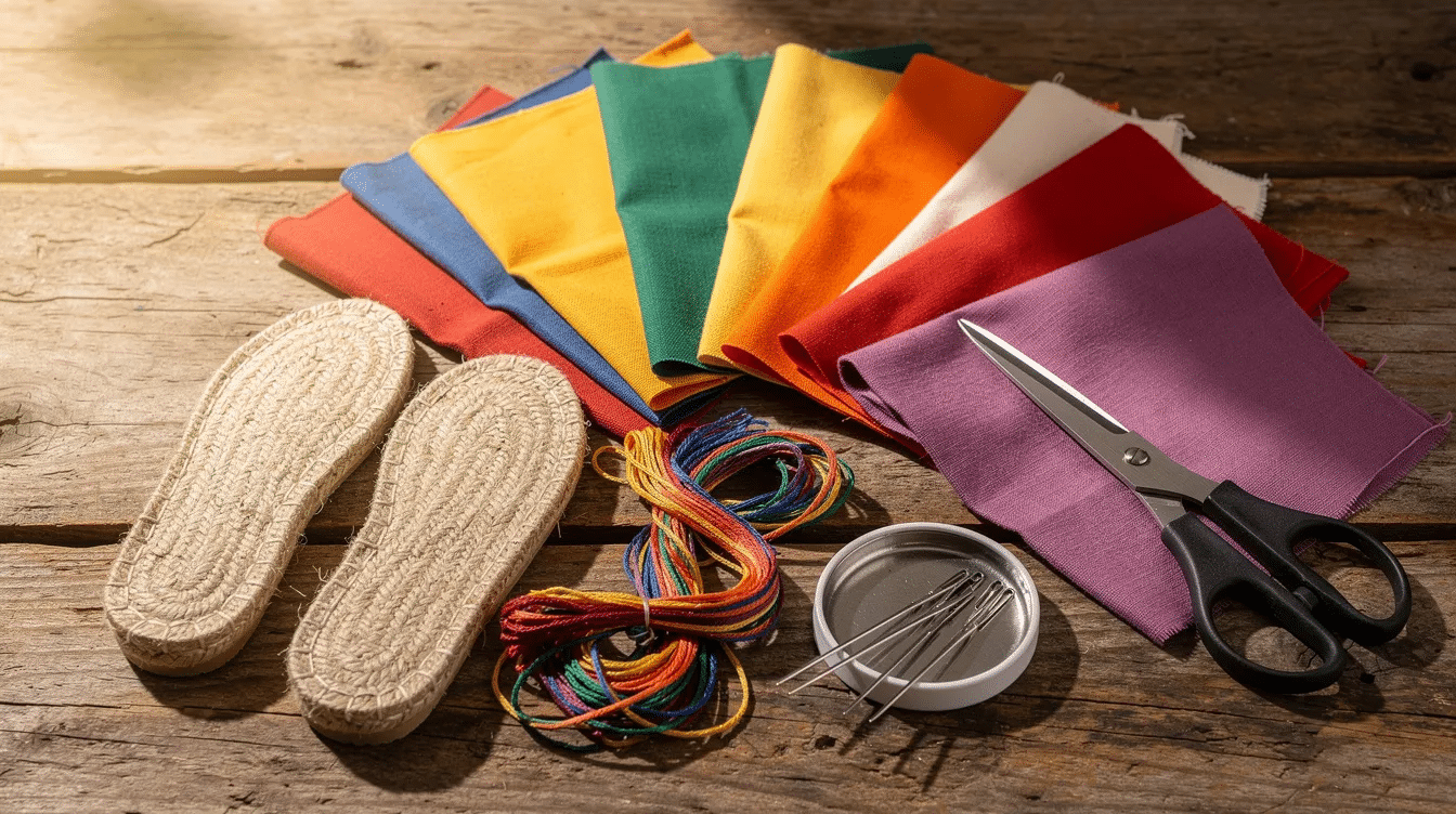 954afd3d-ffd0-4184-84c1-b457e39c06a6 A flat lay displays jute espadrille soles alongside colorful cotton canvas pieces, embroidery floss, needles, and scissors on a wooden table, showcasing the materials needed to create your own embroidered espadrilles. The arrangement includes various fabric pieces for the toe and heel sections, perfect for DIY enthusiasts looking to craft unique shoes.