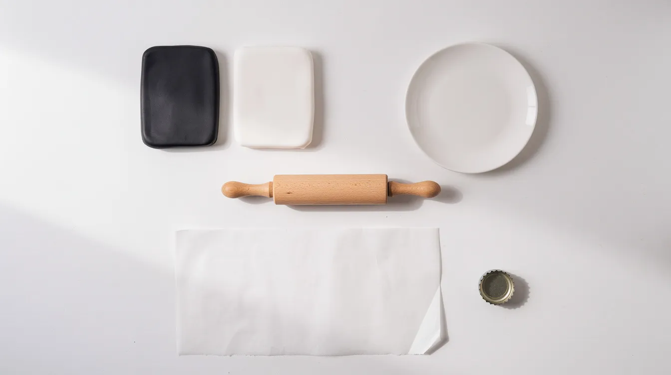 95f82f39-1832-4501-a483-5ff14466736d The image shows a flat lay of craft supplies on a white table, featuring two blocks of polymer clay in black and white, a small rolling pin, a white ceramic plate, parchment paper, and a bottle cap, all arranged neatly for easy access. This setup invites viewers to discover the durable materials used for creative projects.