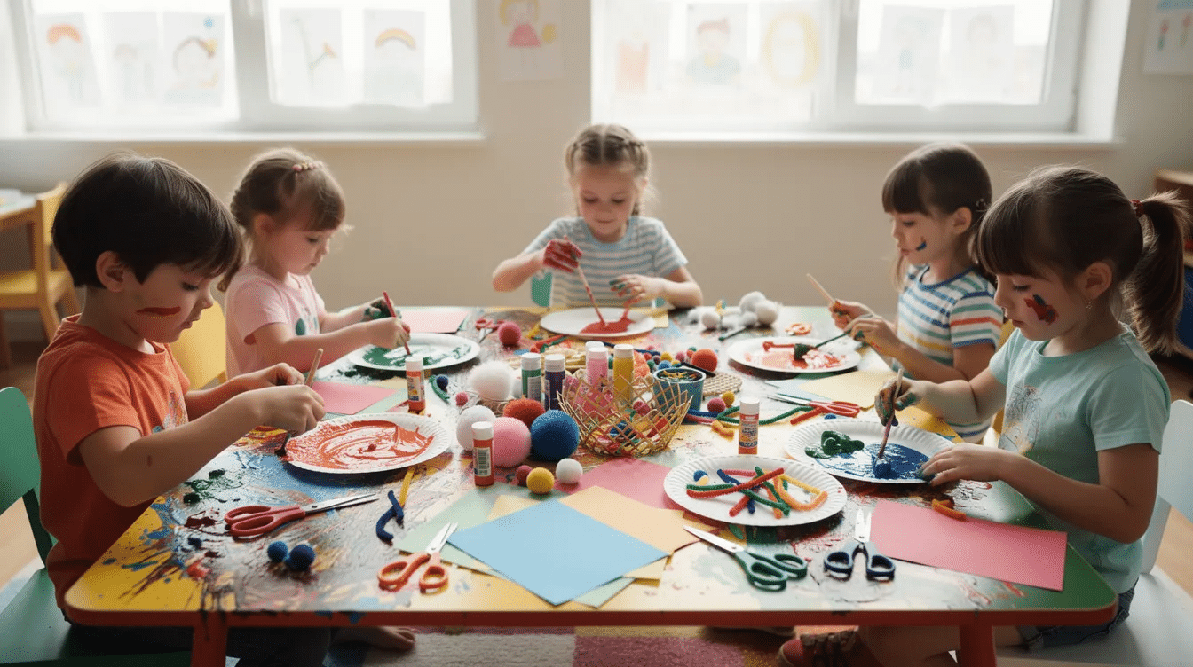 96cfdc4a-0be3-4d17-b5e7-df25b13d5bd5 A group of children is happily engaged in creative school crafts at a vibrant table filled with paint, scissors, and various craft supplies, as they work together on their art projects. The scene captures the excitement of the back to school season, showcasing their imaginative spirit and teamwork.