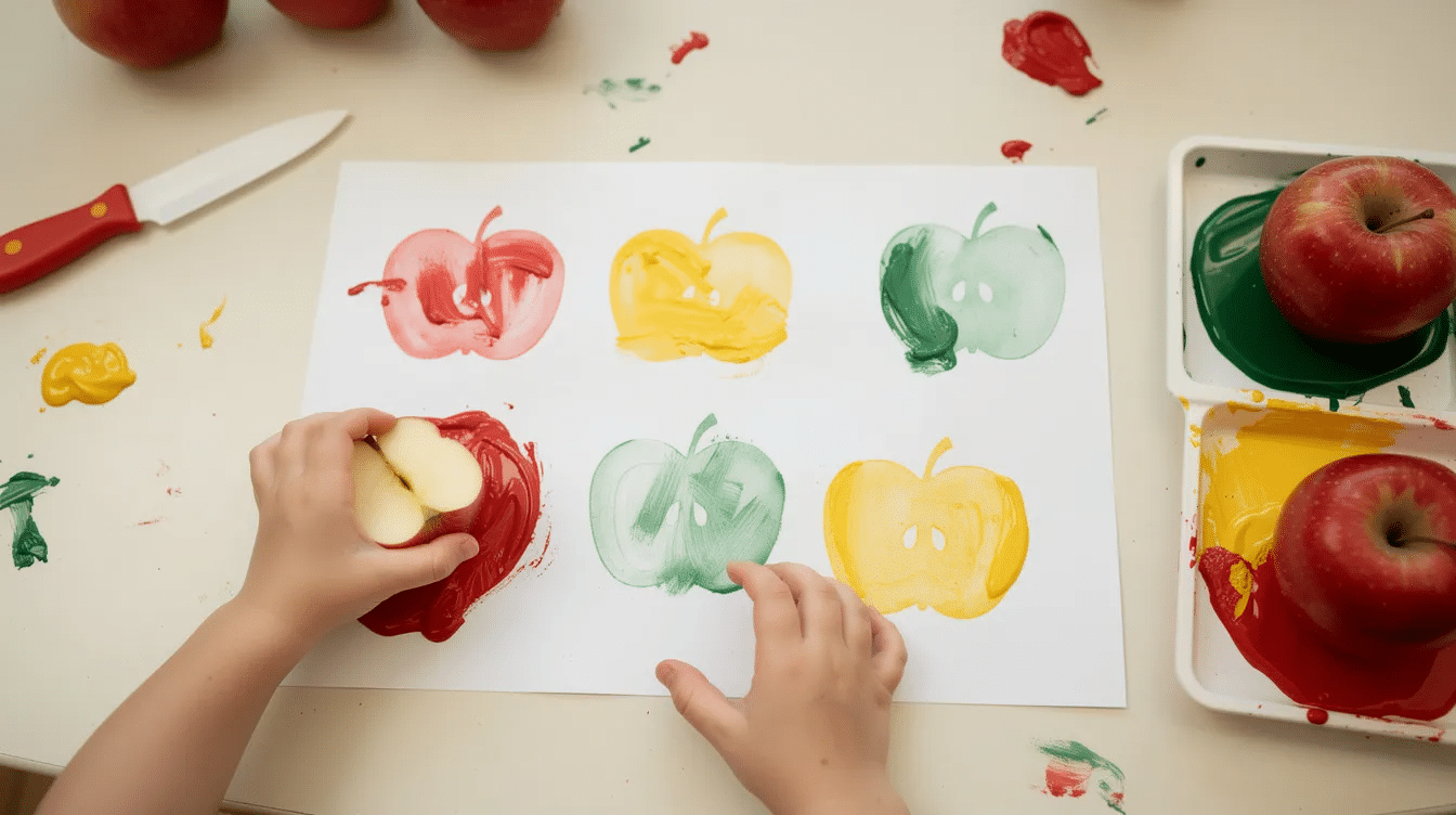 9735a7d0-32e4-4aed-b66b-c2f7230a3433 The image shows a simple apple stamping art project where a halved apple, dipped in vibrant paint, is pressed onto a sheet of paper, creating unique and colorful prints. This fun and creative back to school craft is perfect for young children, highlighting the natural texture of the apple in each design.