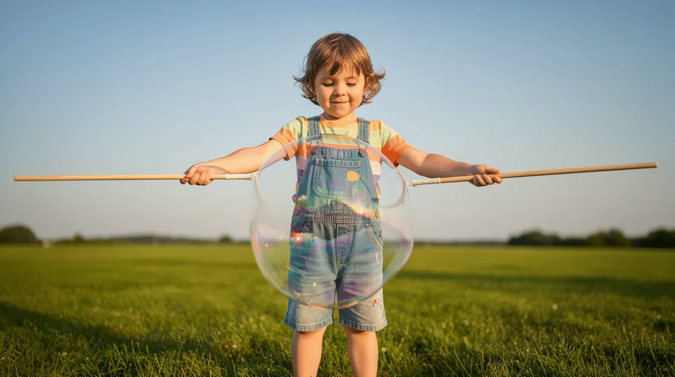 9782525c-4aa0-4ebf-ad50-97494e1038cd A preschool-aged child stands on a vibrant green lawn, joyfully holding two wooden sticks apart to create a triangle shape, with a large iridescent soap bubble floating between them against a clear blue sky. This scene captures the fun of making giant bubbles with DIY bubble wands, perfect for younger kids to enjoy during summer playtime.