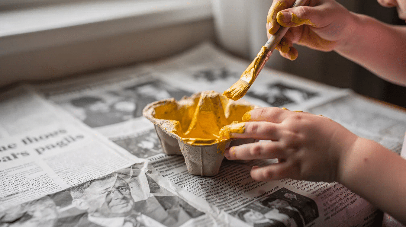 99b476c5-7a58-4bfd-b229-3622a734c546 A close-up view of a child's hands joyfully painting a small egg carton cup in bright yellow paint, surrounded by colorful spring flowers on a newspaper-covered table, showcasing the creativity and fun of spring crafts. The vibrant colors and playful activity highlight the joy of making art and reusing materials.