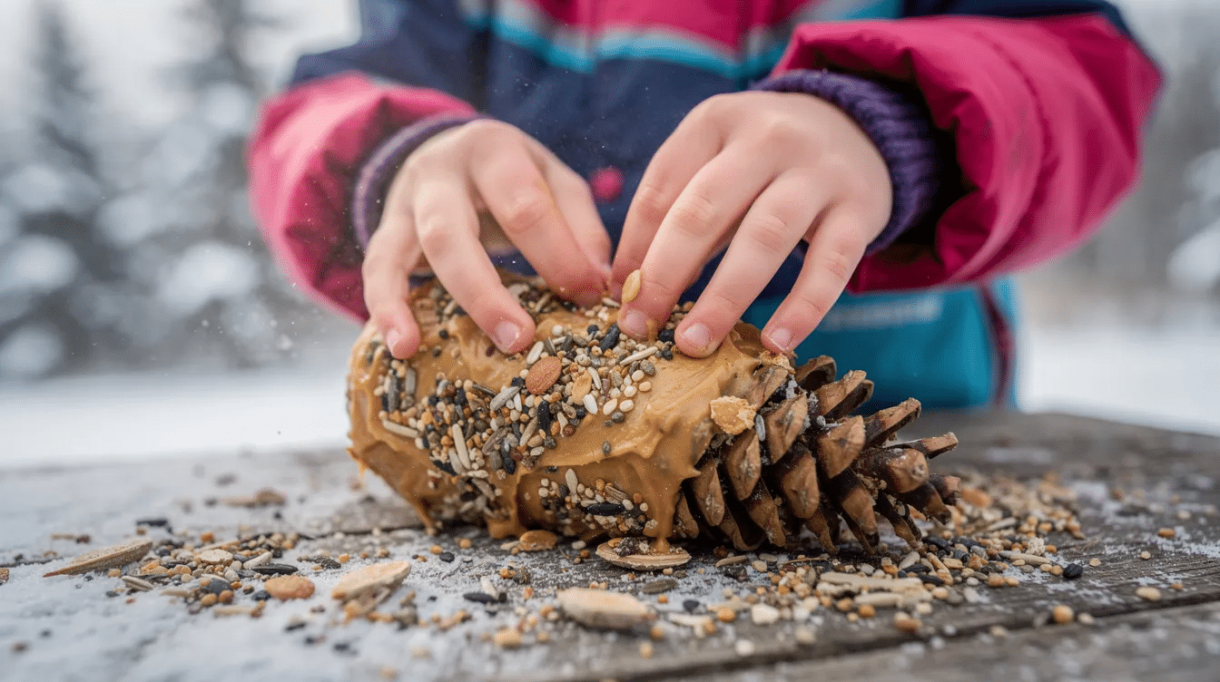 9a62dfad-325b-4eea-bb77-0b592c2afe00 A child's hands are joyfully pressing birdseed into a pine cone coated with peanut butter, creating a festive treat for winter birds outdoors. This delightful activity embodies the spirit of the holiday season, reminding us of the simple joys that can be shared with nature during Christmas time.