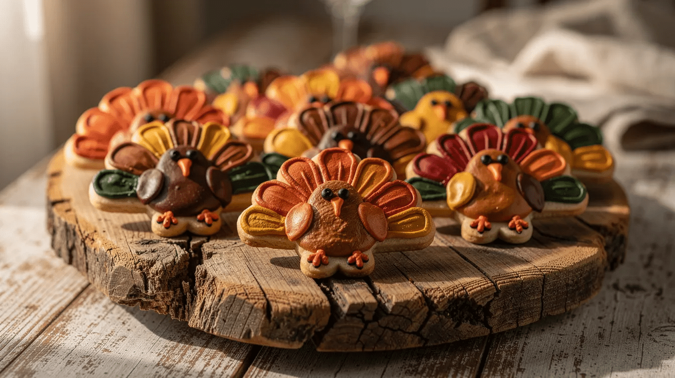 9b05ebe1-84ff-4525-a044-f17799b0fac5 The image features a collection of decorated turkey-shaped cookies, adorned with colorful icing and arranged neatly on a rustic wooden serving board, perfect for a festive Thanksgiving table. These adorable treats can inspire easy Thanksgiving crafts for kids and add a sweet touch to holiday celebrations.