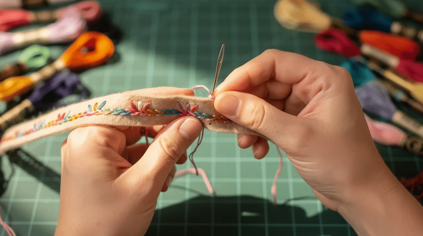 9b138fae-edcf-4980-9b9d-687b1a4f478f A close-up view of hands using a needle to stitch colorful embroidery thread onto a flat felt crown strip, set on a craft mat. This image captures the joy of making a birthday crown, showcasing the vibrant colors and tools involved in the process.