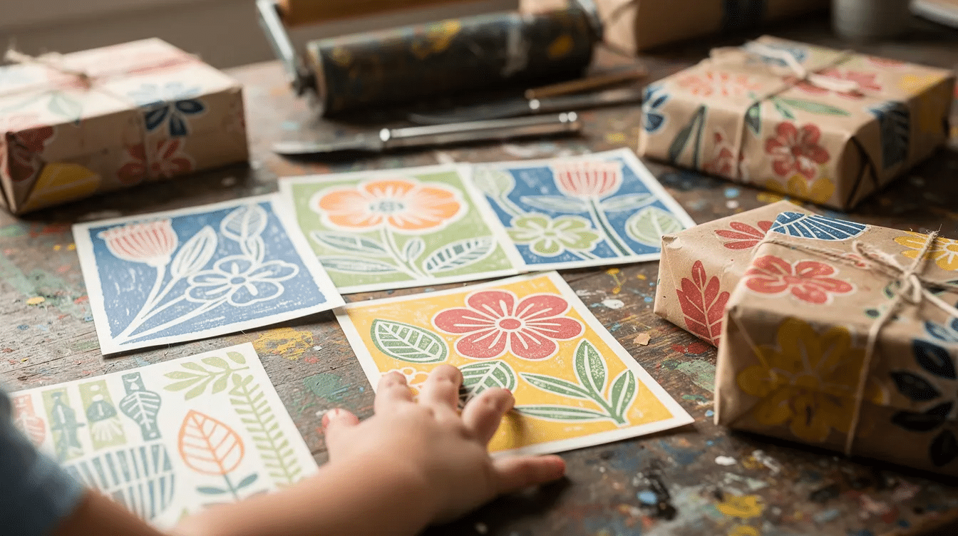 9b441378-d0c3-4850-ad8d-e175d9546cfd A craft table is adorned with colorful lino-printed greeting cards and wrapped gifts, while a small child's hand reaches out to touch one of the vibrant prints. The scene captures the joy of art and creativity, showcasing the printmaking technique of block printing with various shapes and textures.