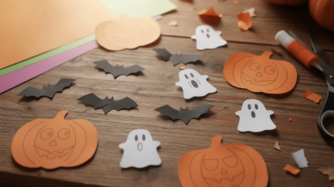 9bc1b5d5-97b1-436a-8711-3bfe54849c7a A craft table is filled with colorful paper bat cutouts, small ghost shapes, and orange pumpkin pieces, all ready to be glued together for a fun Halloween project. This festive setup is perfect for creating a spooky Halloween wreath to hang on the front door.