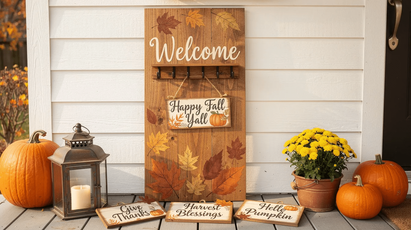 9cb10ce5-b153-4b70-a781-bc6cead008ef The image features a charming fall welcome sign made from scrap wood, showcasing interchangeable sayings for seasonal decor. This rustic piece, perfect for outdoor projects, adds a festive touch to porches with its cute design and versatile customization options.