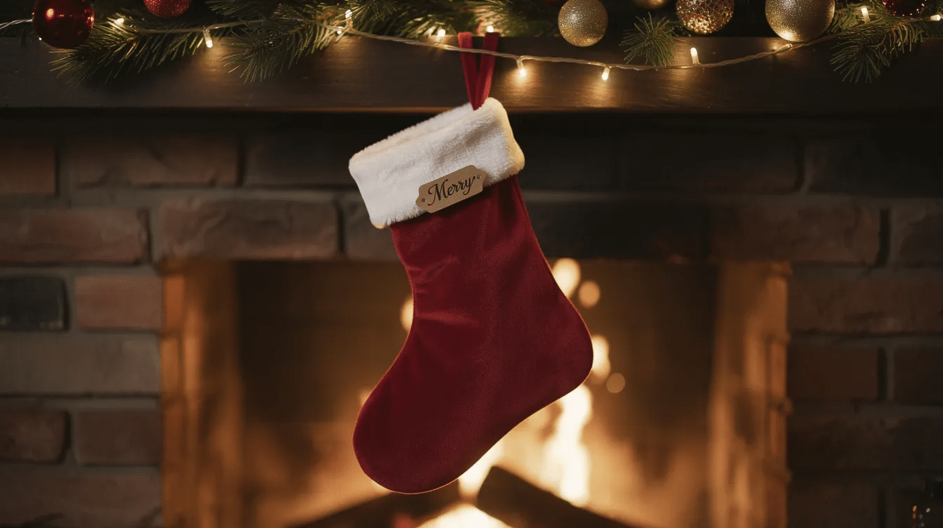 9cb513ef-e35d-47cd-9608-5e9923a474cd A vibrant Christmas stocking hangs by the fireplace, filled with an assortment of cozy socks, small gifts, and fun stocking stuffers, ready to surprise children and loved ones during the holiday season. The colorful decorations and treats peeking out create a warm and festive atmosphere, perfect for family gatherings.