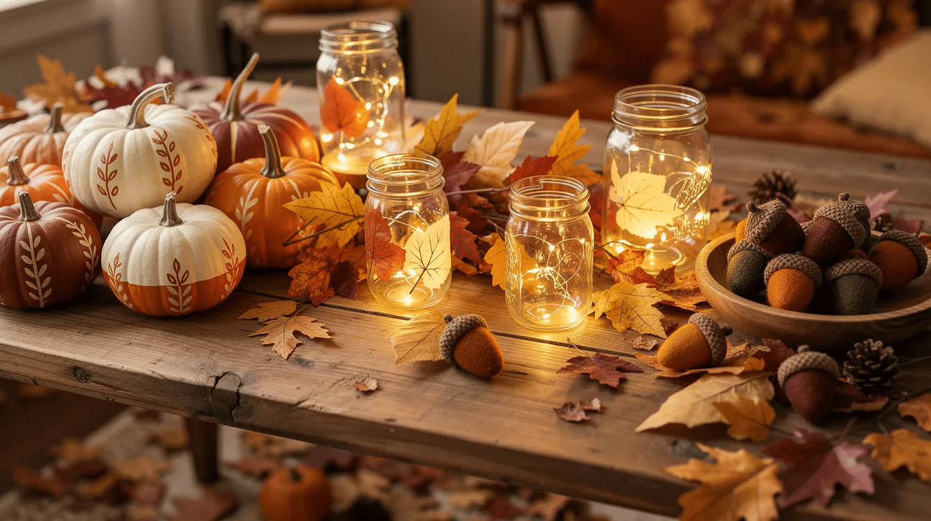 9dd2e44c-f342-42fc-a2fd-d5841ad502a8 A rustic wooden table is adorned with various fun fall crafts, including painted mini pumpkins, colorful leaf garlands, glowing mason jar luminaries, and adorable felt acorns, all surrounded by vibrant fall foliage. This cozy display captures the creativity and joy of the autumn season, perfect for families and kids to enjoy together.